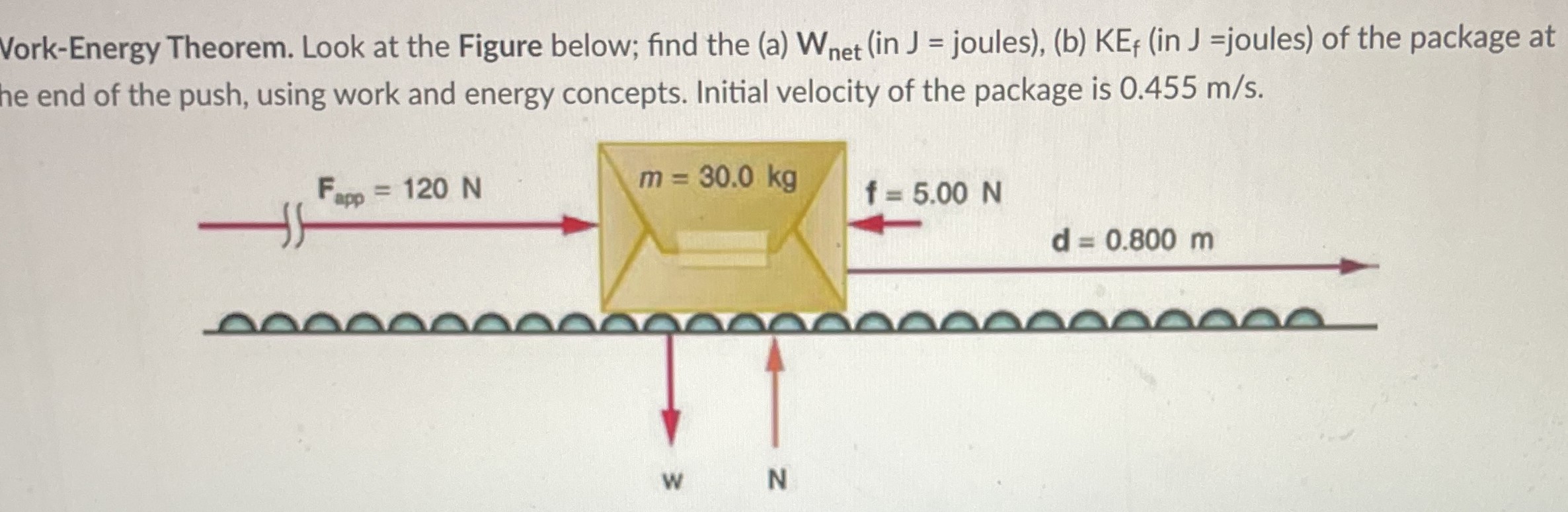 Work-Energy Theorem. Look at the Figure below; find the (a) Wnet (in J = joules), (b) KEf (in J = joules) of the package at he end of the push, using work and energy concepts. Initial velocity of the package is 0.455 m/s.