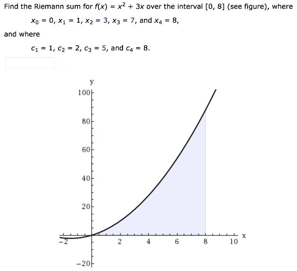 Find the Riemann sum for f(x) = x2 + 3x over the interval [0, 8] (see figure), where x0 = 0, x1 = 1, x2 = 3, x3 = 7, and x4 = 8, and where c1 = 1, c2 = 2, c3 = 5, and c4 = 8.