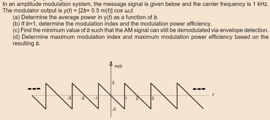 In an amplitude modulation system, the message signal is given below and the carrier frequency is 1 kHz. The modulator output is y(t) = [2b + 0.5m(t)]cos⁡ωct. (a) Determine the average power in y(t) as a function of b. (b) If b = 1, determine the modulation index and the modulation power efficiency. (c) Find the minimum value of b such that the AM signal can still be demodulated via envelope detection. (d) Determine maximum modulation index and maximum modulation power efficiency based on the resulting b.