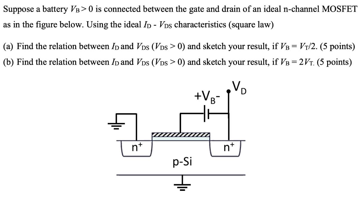 Suppose a battery VB > 0 is connected between the gate and drain of an ideal n-channel MOSFET as in the figure below. Using the ideal ID−VDS characteristics (square law) (a) Find the relation between ID and VDS(VDS > 0) and sketch your result, if VB = VT/2. ( 5 points) (b) Find the relation between ID and VDS(VDS > 0) and sketch your result, if VB = 2VT. ( 5 points) 