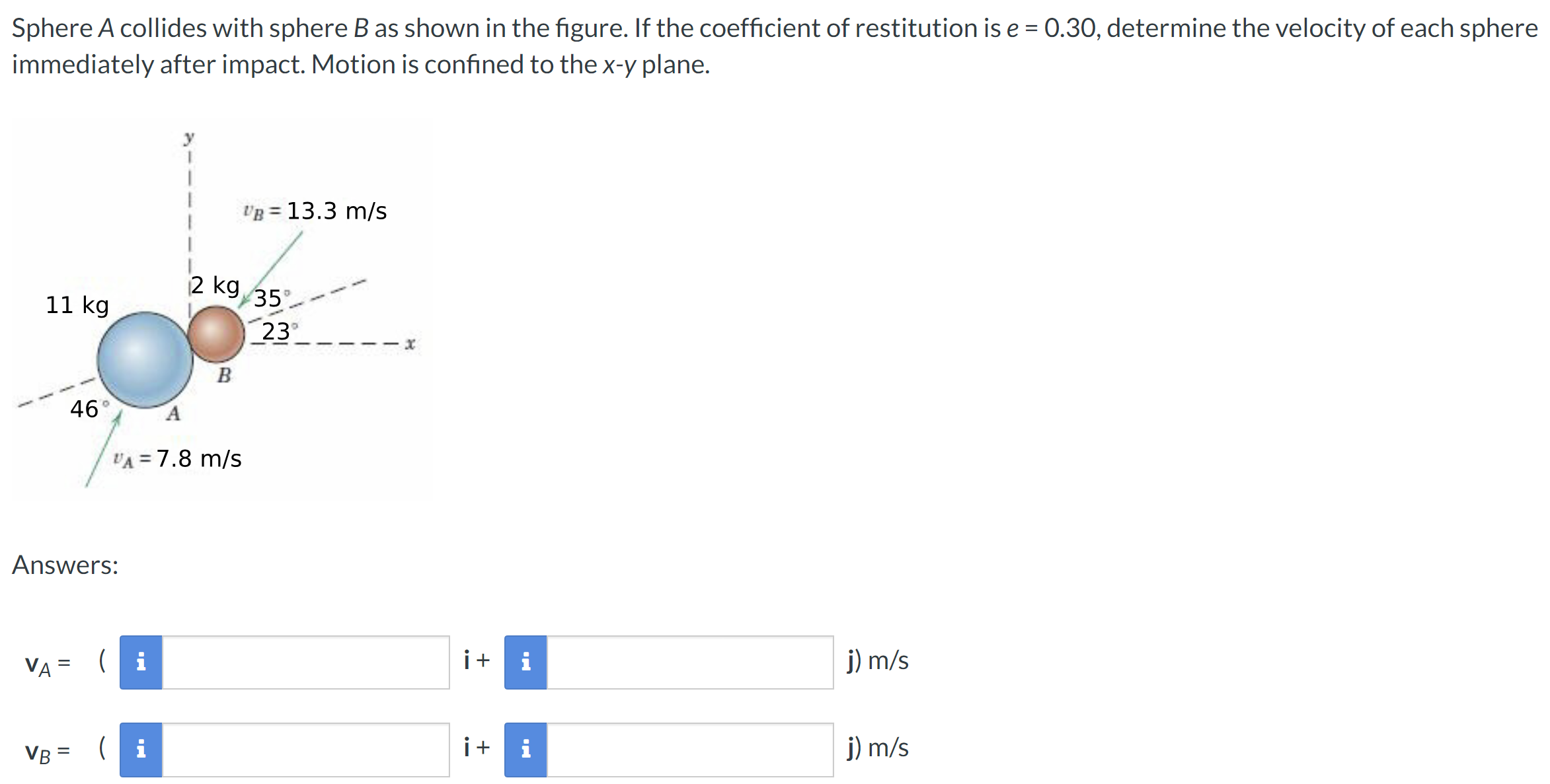 Sphere A collides with sphere B as shown in the figure. If the coefficient of restitution is e = 0.30, determine the velocity of each sphere immediately after impact. Motion is confined to the x-y plane. Answers: vA = ( i + j) m/s vB = ( i + j) m/s