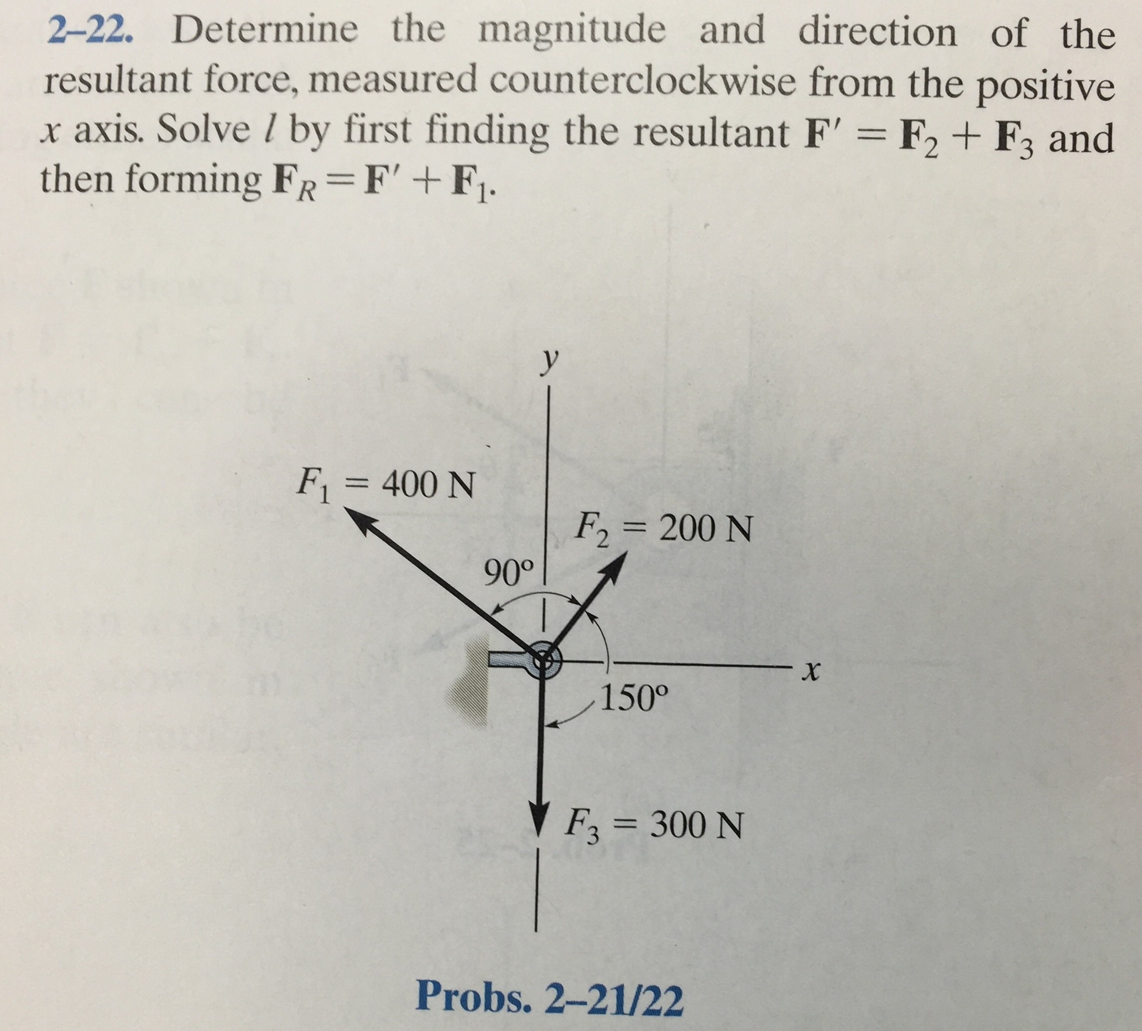 2-22. Determine the magnitude and direction of the resultant force, measured counterclockwise from the positive x axis. Solve l by first finding the resultant F′ = F2 + F3 and then forming FR = F′ + F1. Probs. 2-21/22