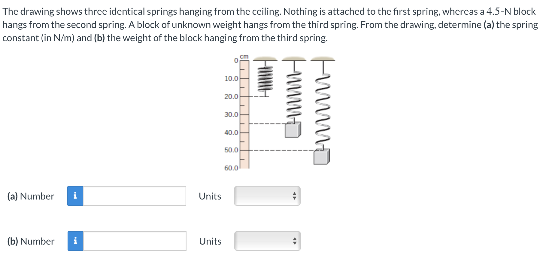 The drawing shows three identical springs hanging from the ceiling. Nothing is attached to the first spring, whereas a 4.5−N block hangs from the second spring. A block of unknown weight hangs from the third spring. From the drawing, determine (a) the spring constant (in N/m) and (b) the weight of the block hanging from the third spring. (a) Number Units (b) Number Units