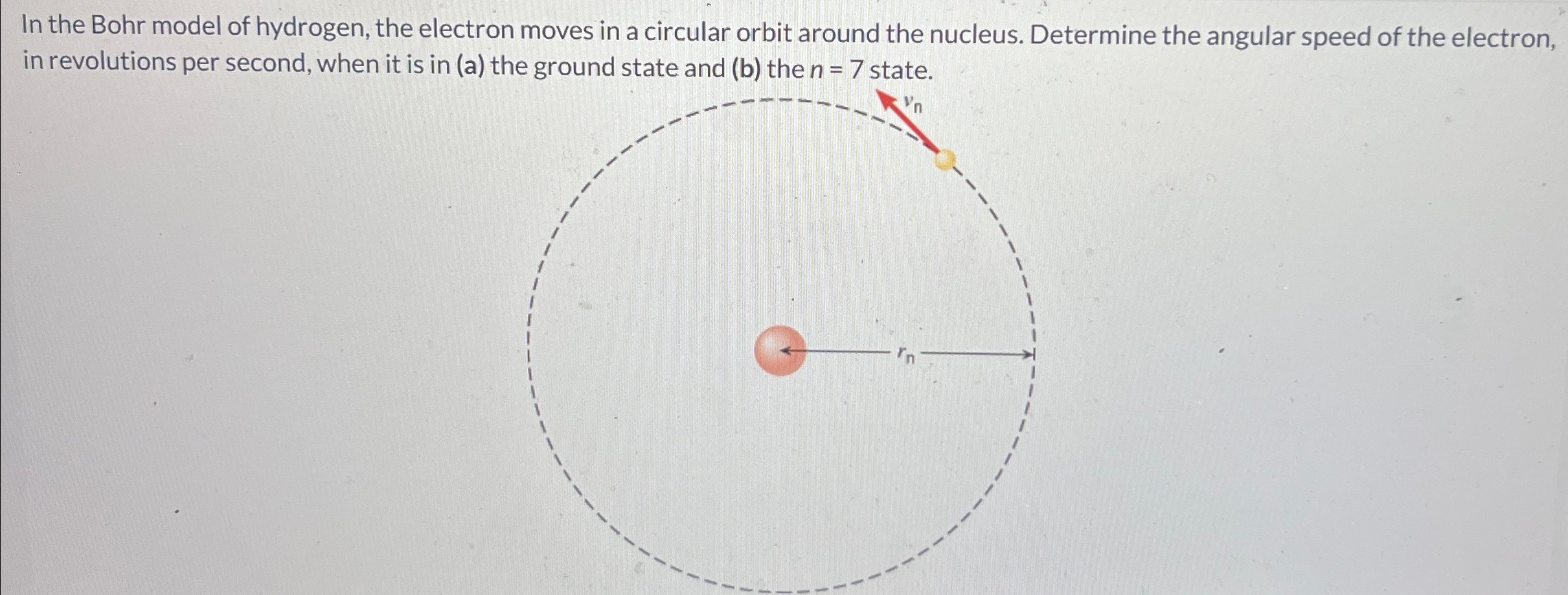 In the Bohr model of hydrogen, the electron moves in a circular orbit around the nucleus. Determine the angular speed of the electron, in revolutions per second, when it is in (a) the ground state and (b) the n = 7 state.