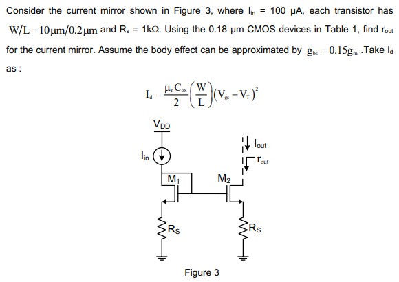 Consider the current mirror shown in Figure 3, where Iin = 100 μA, each transistor has W/L = 10 μm/0.2 μm and Rs = 1 kΩ. Using the 0.18 μm CMOS devices in Table 1, find rout for the current mirror. Assume the body effect can be approximated by gbs = 0.15gm. Take Id as : Id = μnCox 2(W L)(Vgs − VT) 2 Figure 3