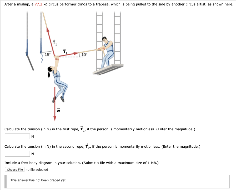 After a mishap, a 77.2 kg circus performer clings to a trapeze, which is being pulled to the side by another circus artist, as shown here. Calculate the tension (in N) in the first rope, T→1, if the person is momentarily motionless. (Enter the magnitude.) N Calculate the tension (in N) in the second rope, T→2, if the person is momentarily motionless. (Enter the magnitude.) N Include a free-body diagram in your solution. (Submit a file with a maximum size of 1 MB.) Choose File no file selected This answer has not been graded yet.