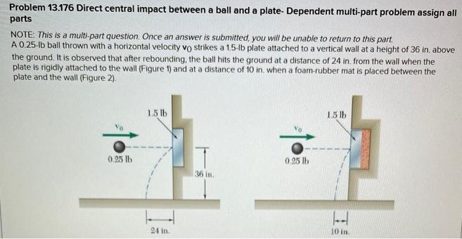 Problem 13.176 Direct central impact between a ball and a plate- Dependent multi-part problem assign all parts NOTE: This is a multi-part question. Once an answer is submitted, you will be unable to return to this part. A 0.25−lb ball thrown with a horizontal velocity v0 strikes a 1.5−lb plate attached to a vertical wall at a height of 36 in. above the ground. It is observed that after rebounding, the ball hits the ground at a distance of 24 in. from the wall when the plate is rigidly attached to the wall (Figure 1) and at a distance of 10 in. when a foam-rubber mat is placed between the plate and the wall (Figure 2). Problem 13.176. a Direct central impact between a ball and a steel plate Determine the coefficient of restitution e between the ball and the plate. The coefficient of restitution e is