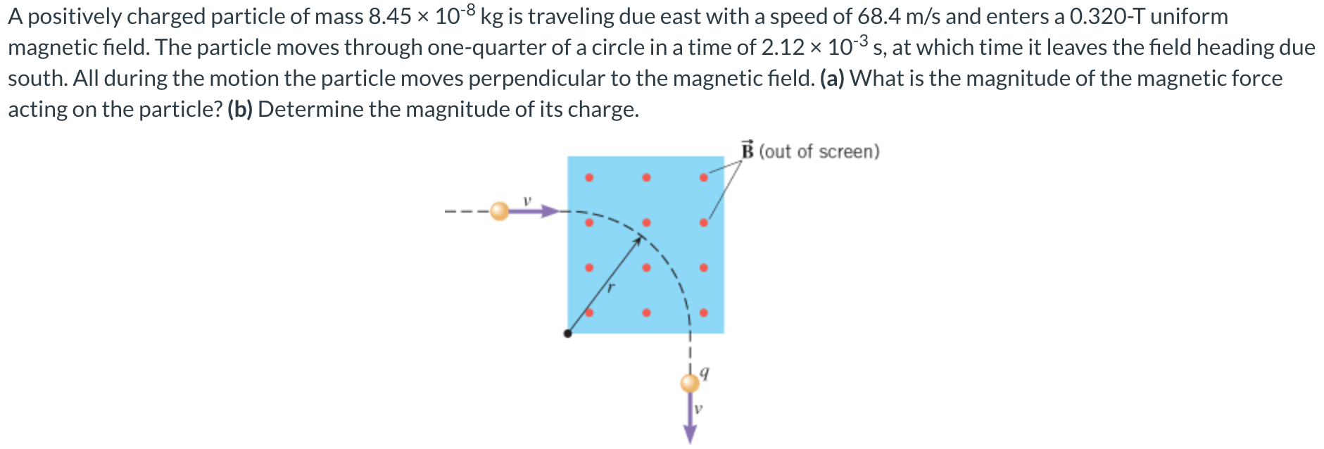 A positively charged particle of mass 8.45×10−8 kg is traveling due east with a speed of 68.4 m/s and enters a 0.320−T uniform magnetic field. The particle moves through one-quarter of a circle in a time of 2.12×10−3 s, at which time it leaves the field heading due south. All during the motion the particle moves perpendicular to the magnetic field. (a) What is the magnitude of the magnetic force acting on the particle? (b) Determine the magnitude of its charge.