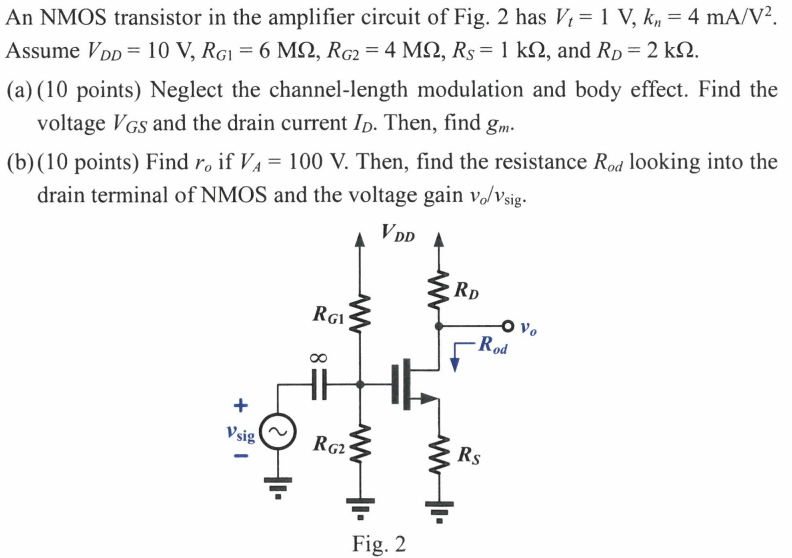 An NMOS transistor in the amplifier circuit of Fig. 2 has Vt = 1 V, kn = 4 mA/V2. Assume VDD = 10 V, RG1 = 6MΩ, RG2 = 4MΩ, RS = 1kΩ, and RD = 2kΩ. (a) (10 points) Neglect the channel-length modulation and body effect. Find the voltage VGS and the drain current ID. Then, find gm. (b) (10 points) Find ro if VA = 100 V. Then, find the resistance Rod looking into the drain terminal of NMOS and the voltage gain vo/vsig.