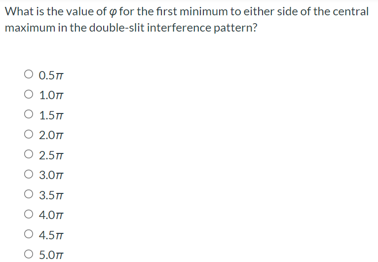 What is the value of φ for the first minimum to either side of the central maximum in the double-slit interference pattern? 0.5π 1.0π 1.5π 2.0π 2.5π 3.0π 3.5π 4.0π 4.5π 5.0π