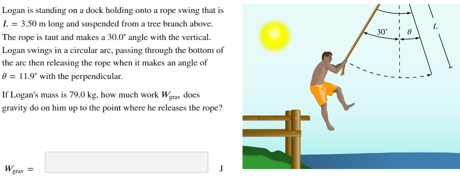 Logan is standing on a dock holding onto a rope swing that is L = 3.50 m long and suspended from a tree branch above. The rope is taut and makes a 30.0∘ angle with the vertical. Logan swings in a circular arc, passing through the bottom of the arc then releasing the rope when it makes an angle of θ = 11.9∘ with the perpendicular. If Logan's mass is 79.0 kg, how much work Wgrav does gravity do on him up to the point where he releases the rope? Wgrav = J 