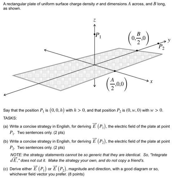 A rectangular plate of uniform surface charge density σ and dimensions A across, and B long, as shown. Say that the position P1 is (0, 0, h) with h>0, and that position P2 is (0, w, 0) with w>0. TASKS: (a) Write a concise strategy in English, for deriving E→(P1), the electric field of the plate at point P1. Two sentences only. ( 2 pts) (b) Write a concise strategy in English, for deriving E→(P2), the electric field of the plate at point P2. Two sentences only. ( 2 pts) NOTE: the strategy statements cannot be so generic that they are identical. So, "Integrate dE→, " does not cut it. Make the strategy your own, and do not copy a friend's. (c) Derive either E→(P1) or E→(P2), magnitude and direction, with a good diagram or so, whichever field vector you prefer. ( 8 points) 