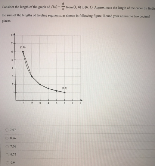 Consider the length of the graph of f(x) = 6 x from (1, 6) to (6, 1). Approximate the length of the curve by finding the sum of the lengths of fiveline segments, as shown in following figure. Round your answer to two decimal places. 7.07 8.76 7.76 9.77 9.9