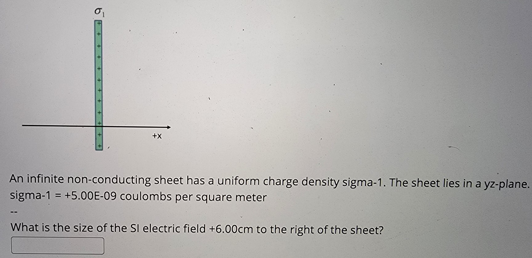 An infinite non-conducting sheet has a uniform charge density sigma-1. The sheet lies in a yz-plane. sigma-1 = +5.00E−09 coulombs per square meter What is the size of the SI electric field +6.00 cm to the right of the sheet?