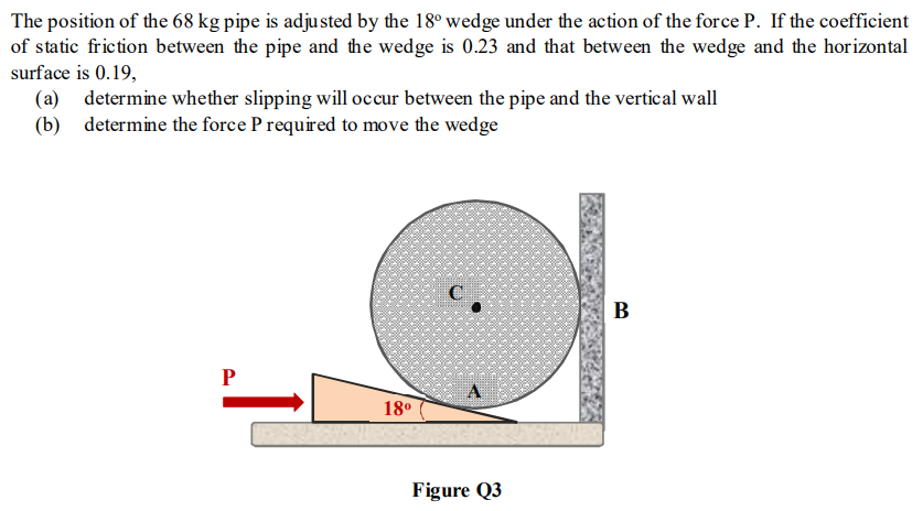 The position of the 68 kg pipe is adjusted by the 18∘ wedge under the action of the force P. If the coefficient of static friction between the pipe and the wedge is 0.23 and that between the wedge and the horizontal surface is 0.19, (a) determine whether slipping will occur between the pipe and the vertical wall (b) determine the force P required to move the wedge Figure Q3