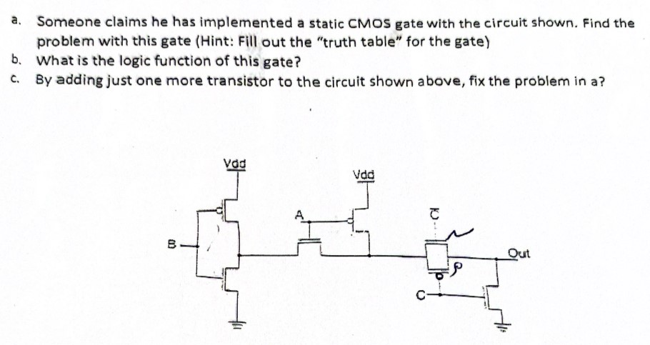 a. Someone claims he has implemented a static CMOS gate with the circuit shown. Find the problem with this gate (Hint: Fill out the "truth table" for the gate) b. What is the logic function of this gate? c. By adding just one more transistor to the circuit shown above, fix the problem in a? 