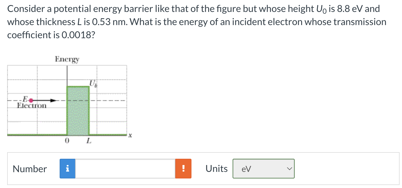 Consider a potential energy barrier like that of the figure but whose height U0 is 8.8 eV and whose thickness L is 0.53 nm. What is the energy of an incident electron whose transmission coefficient is 0.0018? Energy Number Units