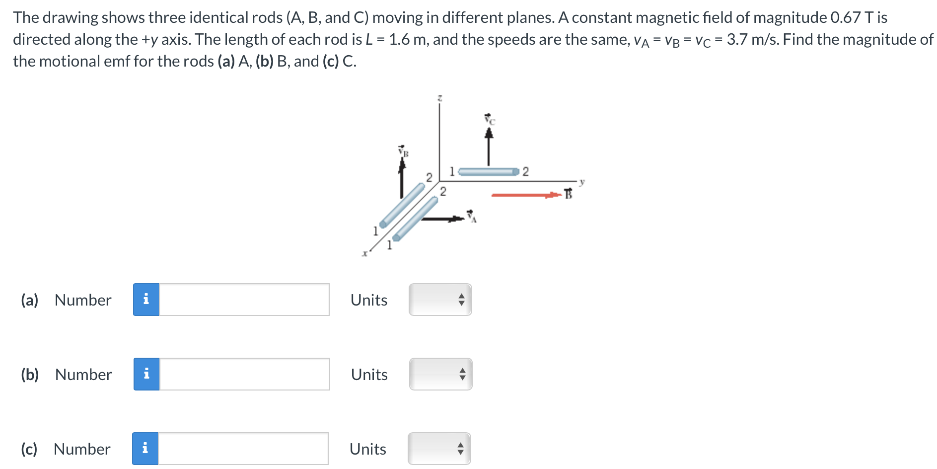 The drawing shows three identical rods (A, B, and C) moving in different planes. A constant magnetic field of magnitude 0.67 T is directed along the +y axis. The length of each rod is L = 1.6 m, and the speeds are the same, vA = vB = vC = 3.7 m/s. Find the magnitude of the motional emf for the rods (a) A, (b) B, and (c) C. (a) Number Units (b) Number Units (c) Number Units