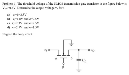 Problem 1: The threshold voltage of the NMOS transmission gate transistor in the figure below is VTN = 0.4 V. Determine the output voltage vo for : a) vI = ϕ = 2.5 V b) vI = 1.8 V and ϕ = 2.5 V c) vI = 2.3 V and ϕ = 2.5 V d) vI = 2.5 V and ϕ = 1.5 V Neglect the body effect.