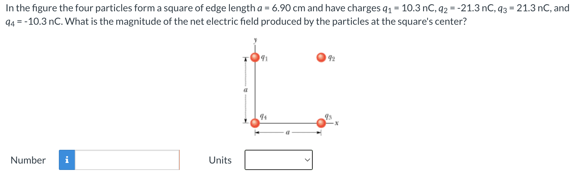 In the figure the four particles form a square of edge length a = 6.90 cm and have charges q1 = 10.3 nC, q2 = −21.3 nC, q3 = 21.3 nC, and q4 = −10.3 nC. What is the magnitude of the net electric field produced by the particles at the square's center? Number Units