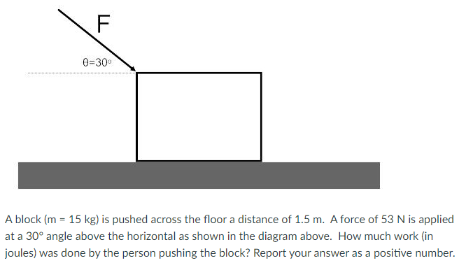 A block (m = 15 kg) is pushed across the floor a distance of 1.5 m. A force of 53 N is applied at a 30∘ angle above the horizontal as shown in the diagram above. How much work (in joules) was done by the person pushing the block? Report your answer as a positive number.