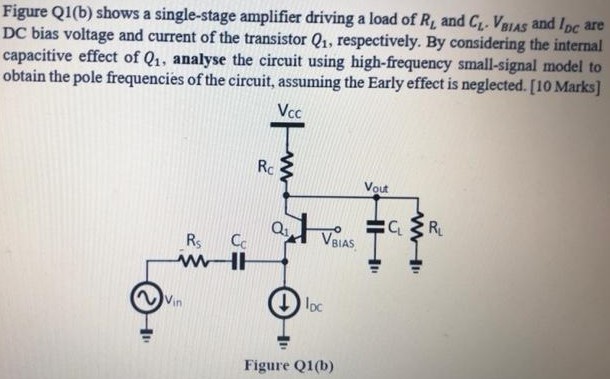 Figure Q1(b) shows a single-stage amplifier driving a load of RL and CL. VBIAS and IDC are DC bias voltage and current of the transistor Q1, respectively. By considering the internal capacitive effect of Q1, analyse the circuit using high-frequency small-signal model to obtain the pole frequencies of the circuit, assuming the Early effect is neglected. [10 Marks] Figure Q1(b)