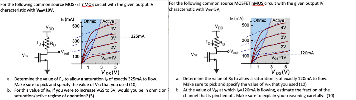 For the following common source MOSFET nMOS circuit with the given output IV characteristic with VDD = 10 V, a. Determine the value of RD to allow a saturation ID of exactly 325 mA to flow. Make sure to pick and specify the value of VGS that you used (10) b. For this value of RD, if you were to increase VGS to 5 V, would you be in ohmic or saturation/active regime of operation? (5) For the following common source MOSFET nMOS circuit with the given output IV characteristic with VDD = 5 V, a. Determine the value of RD to allow a saturation ID of exactly 120 mA to flow. Make sure to pick and specify the value of VGS that you used (10) b. At the value of VDS at which ID = 120 mA is flowing, estimate the fraction of the channel that is pinched off. Make sure to explain your reasoning carefully. (10)