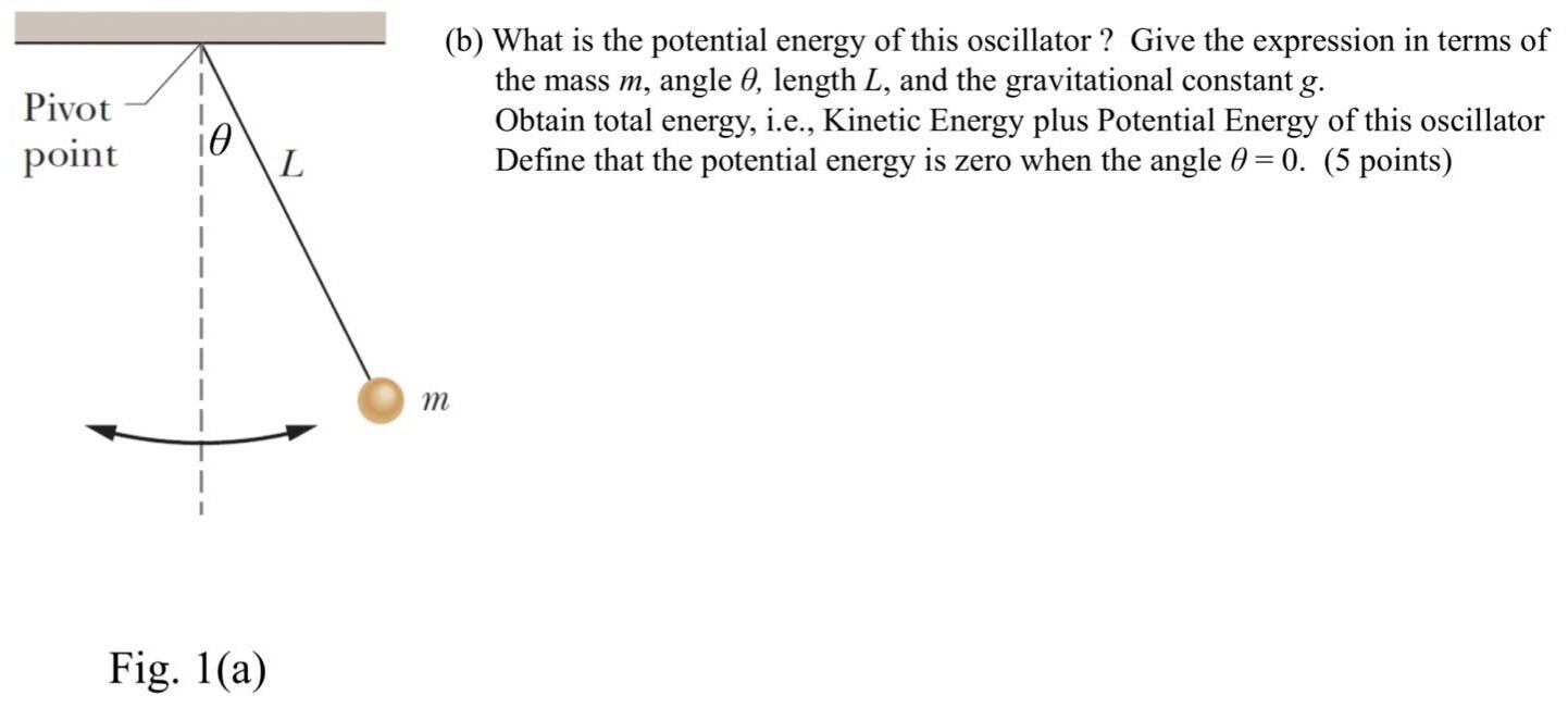 (b) What is the potential energy of this oscillator? Give the expression in terms of the mass m, angle θ, length L, and the gravitational constant g. Obtain total energy, i. e. , Kinetic Energy plus Potential Energy of this oscillator Define that the potential energy is zero when the angle θ = 0. (5 points) Fig. 1(a)