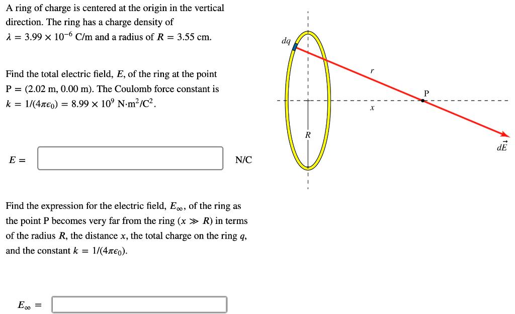 A ring of charge is centered at the origin in the vertical direction. The ring has a charge density of λ = 3.99×10−6 C/m and a radius of R = 3.55 cm. Find the total electric field, E, of the ring at the point P = (2.02 m, 0.00 m). The Coulomb force constant is k = 1/(4πϵ0) = 8.99×109 N⋅m2 /C2. E = N/C Find the expression for the electric field, E∞, of the ring as the point P becomes very far from the ring (x ≫ R) in terms of the radius R, the distance x, the total charge on the ring q, and the constant k = 1/(4πϵ0). E∞ =