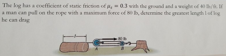 The log has a coefficient of static friction of μs = 0.3 with the ground and a weight of 40 lb/ft. If a man can pull on the rope with a maximum force of 80 lb, determine the greatest length 1 of log he can drag