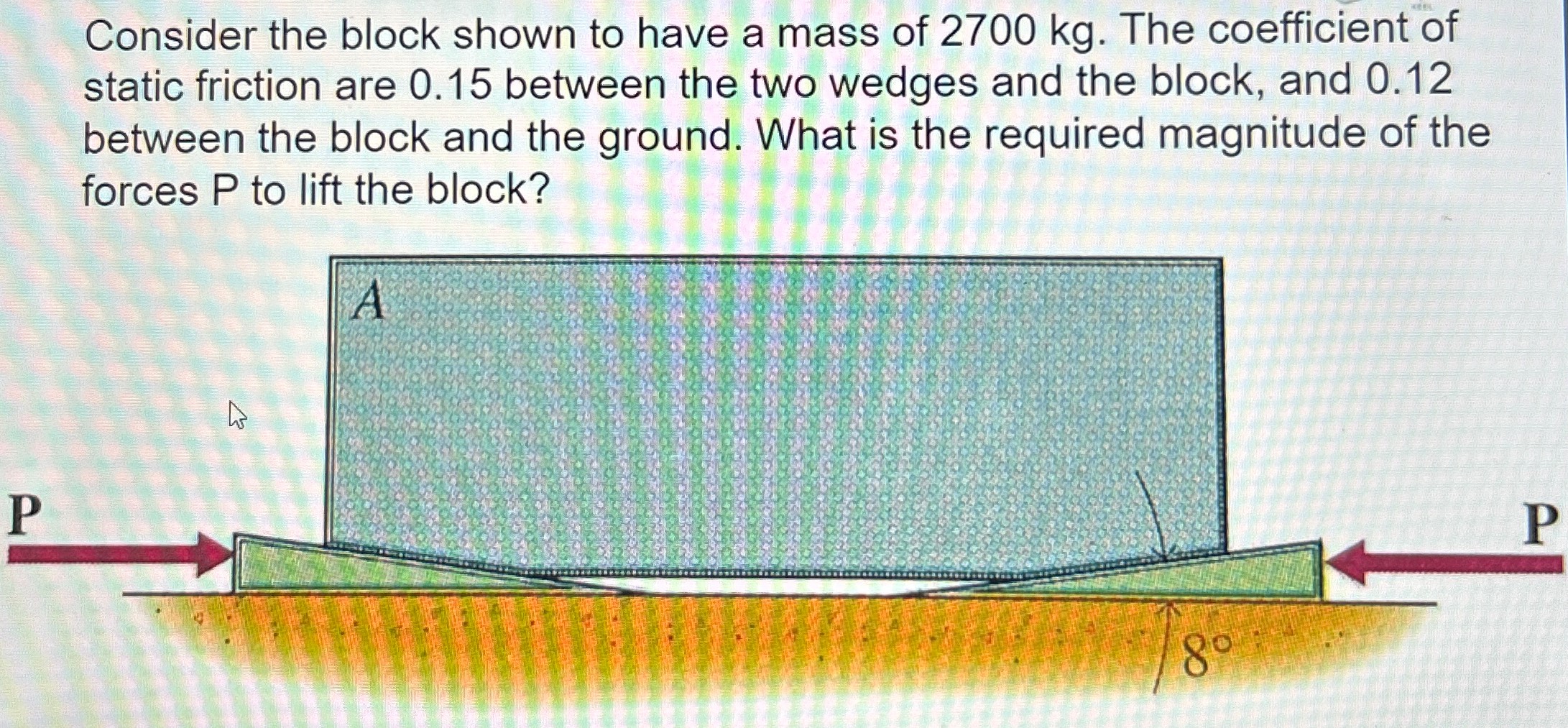 Consider the block shown to have a mass of 2700 kg. The coefficient of static friction are 0.15 between the two wedges and the block, and 0.12 between the block and the ground. What is the required magnitude of the forces P to lift the block?