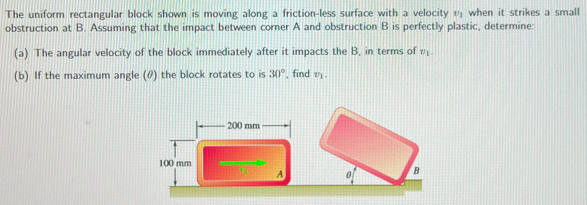 The uniform rectangular block shown is moving along a friction-less surface with a velocity v1 when it strikes a small obstruction at B. Assuming that the impact between corner A and obstruction B is perfectly plastic, determine: (a) The angular velocity of the block immediately after it impacts the B, in terms of v1. (b) If the maximum angle (θ) the block rotates to is 30∘, find v1.