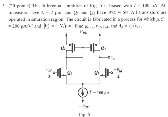 The differential amplifier of Fig. 5 is biased with I = 100 μA. All transistors have L = 2 μm, and Q1 and Q2 have W/L = 50. All transistors are operated in saturation region. The circuit is fabricated in a process for which μnCox = 200 μA/V2 and |VA′| = 5 V/μm. Find gm1, 2, ro2, ro4, and Ad = vo/vid. Fig. 5