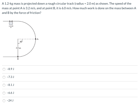 A 1.2-kg mass is projected down a rough circular track (radius = 2.0 m ) as shown. The speed of the mass at point A is 3.2 m/s, and at point B, it is 6.0 m/s. How much work is done on the mass between A and B by the force of friction? −8.9 J −7.3 J −8.1 J −6.6 J −24 J