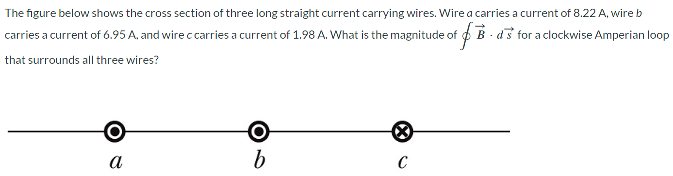 The figure below shows the cross section of three long straight current carrying wires. Wire a carries a current of 8.22 A, wire b carries a current of 6.95 A, and wire c carries a current of 1.98 A. What is the magnitude of ∮ B⃗ ⋅ ds for a clockwise Amperian loop that surrounds all three wires?