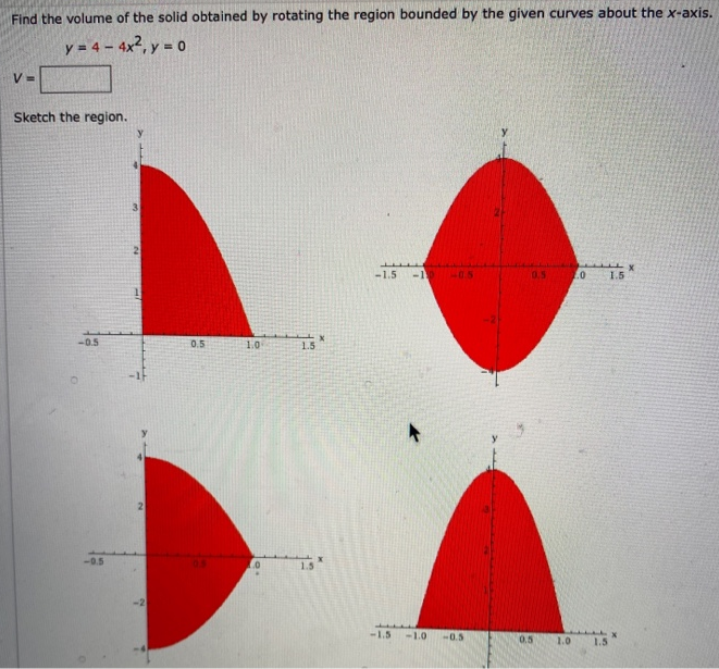 Find the volume of the solid obtained by rotating the region bounded by the given curves about the x-axis. y = 4 − 4x2, y = 0 V = Sketch the region.