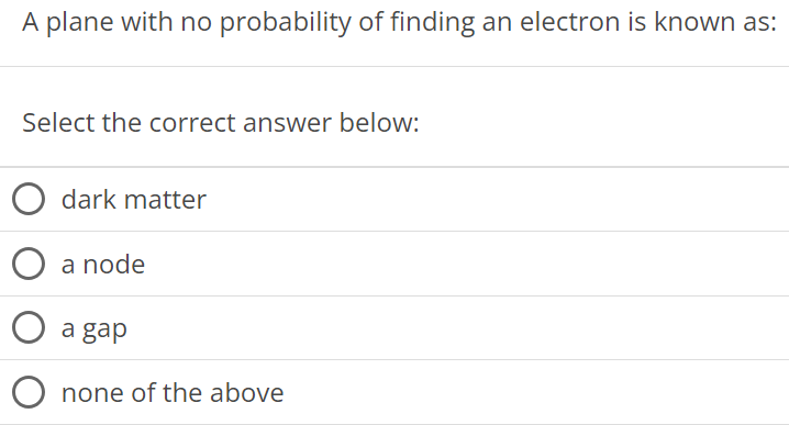 A plane with no probability of finding an electron is known as: Select the correct answer below: dark matter a node a gap none of the above 