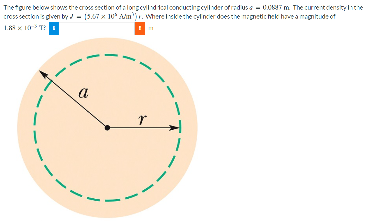 The figure below shows the cross section of a long cylindrical conducting cylinder of radius a = 0.0887 m. The current density in the cross section is given by J = (5.67×106 A/m3)r. Where inside the cylinder does the magnetic field have a magnitude of 1.88×10−3 T?