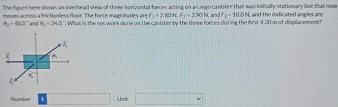 The figure here shows an overhead view of three horizontal forces acting on a cargo canister that was initially stationary but that now moves across a frictionless floor. The force magnitudes are F1 = 2.80 N. F2 = 3.90 N and F3 = 10.0 N, and the indicated angles are θ2 = 48.0∘ and θ3 = 34.0∘. What is the net work done on the canister by the three forces during the first 4.30 m of displacement? Number Unit