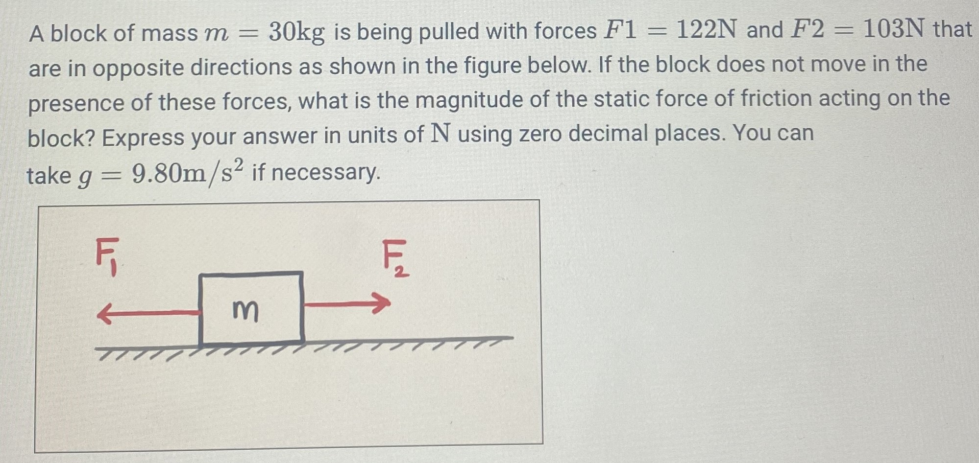 A block of mass m = 30 kg is being pulled with forces F1 = 122 N and F2 = 103 N that are in opposite directions as shown in the figure below. If the block does not move in the presence of these forces, what is the magnitude of the static force of friction acting on the block? Express your answer in units of N using zero decimal places. You can take g = 9.80 m/s2 if necessary.