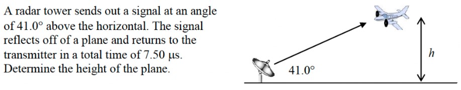 A radar tower sends out a signal at an angle of 41.0∘ above the horizontal. The signal reflects off of a plane and returns to the transmitter in a total time of 7.50 μs. Determine the height of the plane.