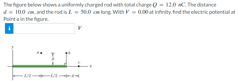 The figure below shows a uniformly charged rod with total charge Q = 12.0 nC. The distance d = 10.0 cm, and the rod is L = 50.0 cm long. With V = 0.00 at infinity, find the electric potential at Point a in the figure. V