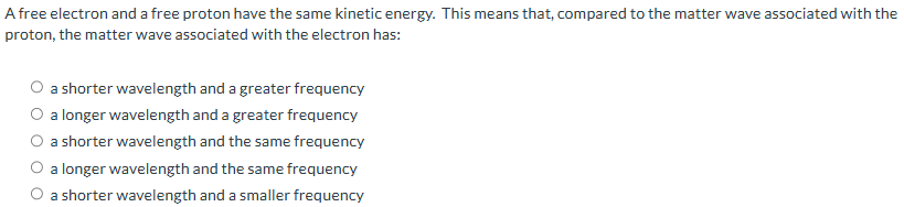 A free electron and a free proton have the same kinetic energy. This means that, compared to the matter wave associated with the proton, the matter wave associated with the electron has: a shorter wavelength and a greater frequency a longer wavelength and a greater frequency a shorter wavelength and the same frequency a longer wavelength and the same frequency a shorter wavelength and a smaller frequency