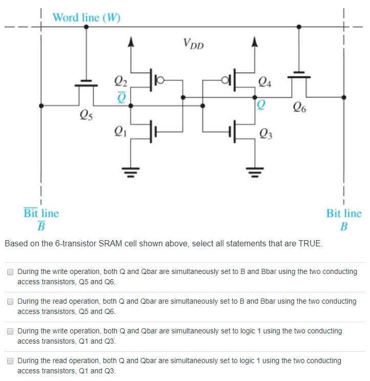 Based on the 6-transistor SRAM cell shown above, select all statements that are TRUE. During the write operation, both Q and Qbar are simultaneously set to B and Bbar using the two conducting access transistors, Q5 and Q6. During the read operation, both Q and Qbar are simultaneously set to B and Bbar using the two conducting access transistors, Q5 and Q6. During the write operation, both Q and Qbar are simultaneously set to logic 1 using the two conducting access transistors, Q1 and Q3. During the read operation, both Q and Qbar are simultaneously set to logic 1 using the two conducting access transistors, Q1 and Q3.