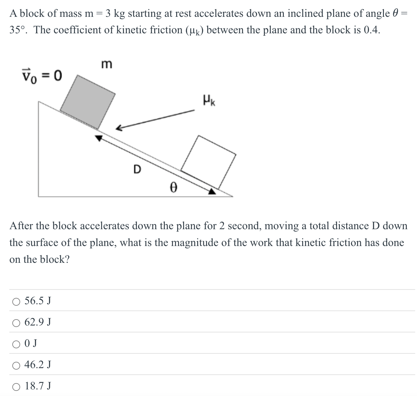 A block of mass m = 3 kg starting at rest accelerates down an inclined plane of angle θ = 35∘. The coefficient of kinetic friction (μk) between the plane and the block is 0.4. After the block accelerates down the plane for 2 second, moving a total distance D down the surface of the plane, what is the magnitude of the work that kinetic friction has done on the block? 56.5 J 62.9 J 0 J 46.2 J 18.7 J