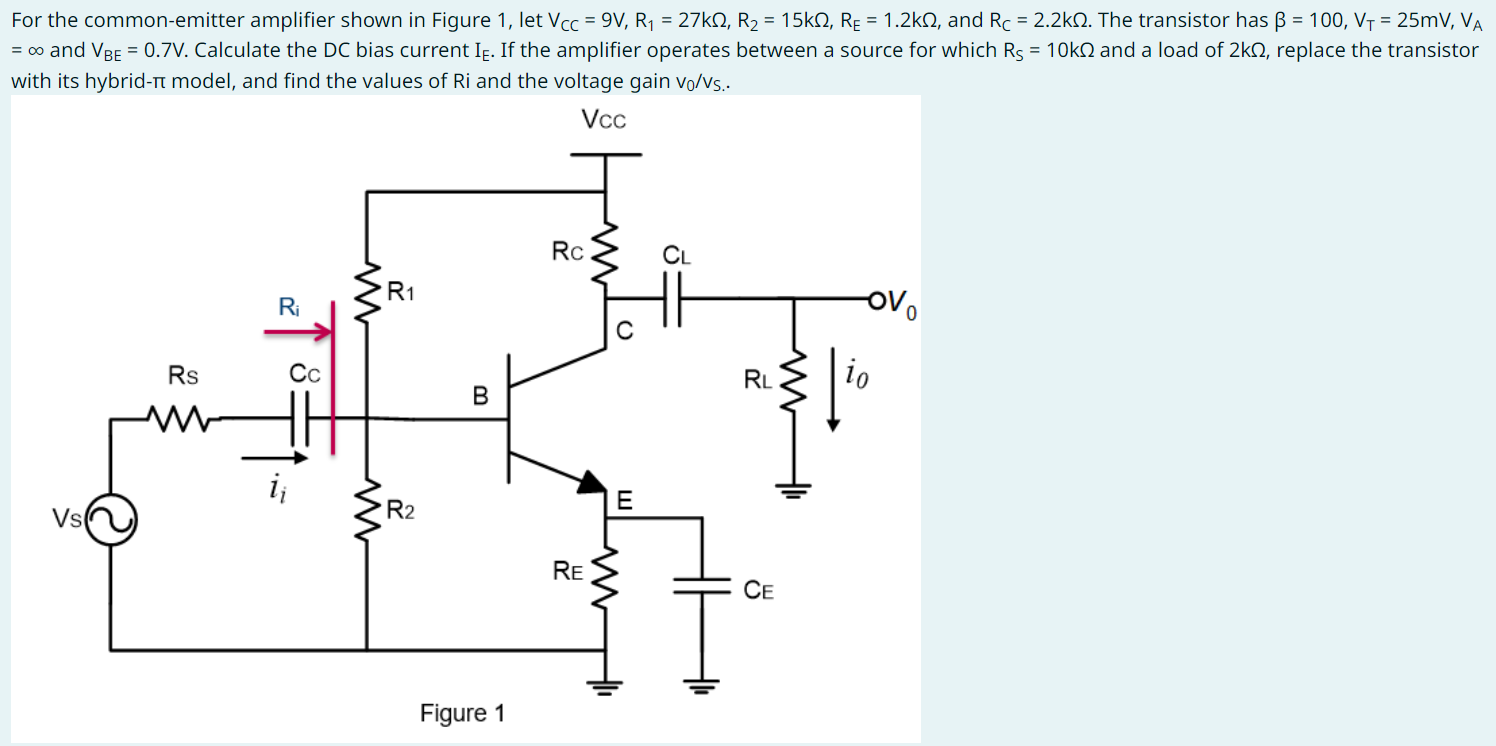 For the common-emitter amplifier shown in Figure 1 , let VCC = 9 V, R1 = 27 kΩ, R2 = 15 kΩ, RE = 1.2 kΩ, and RC = 2.2 kΩ. The transistor has β = 100, VT = 25 mV, VA = ∞ and VBE = 0.7 V. Calculate the DC bias current IE. If the amplifier operates between a source for which RS = 10 kΩ and a load of 2 kΩ, replace the transistor with its hybrid- π model, and find the values of Ri and the voltage gain v0/vs. Figure 1