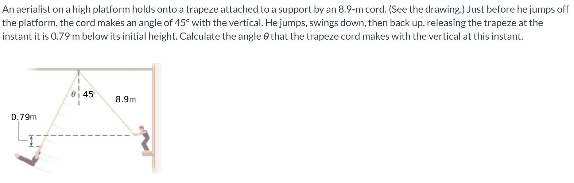 An aerialist on a high platform holds onto a trapeze attached to a support by an 8.9−m cord. (See the drawing.) Just before he jumps off the platform, the cord makes an angle of 45∘ with the vertical. He jumps, swings down, then back up, releasing the trapeze at the instant it is 0.79 m below its initial height. Calculate the angle θ that the trapeze cord makes with the vertical at this instant.