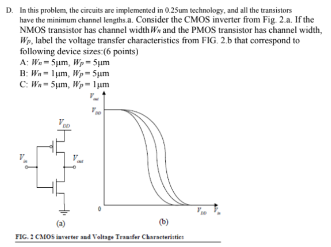 D. In this problem, the circuits are implemented in 0.25 um technology, and all the transistors have the minimum channel lengths. a. Consider the CMOS inverter from Fig.2. a. If the NMOS transistor has channel width Wn and the PMOS transistor has channel width, Wp, label the voltage transfer characteristics from FIG.2. b that correspond to following device sizes:(6 points) A: Wn = 5 μm, Wp = 5 μm B: Wn = 1 μm, Wp = 5 μm C:Wn = 5 μm, Wp = 1 μm (a) (b) FIG.2 CMOS inverter and Voltage Transfer Characteristics 