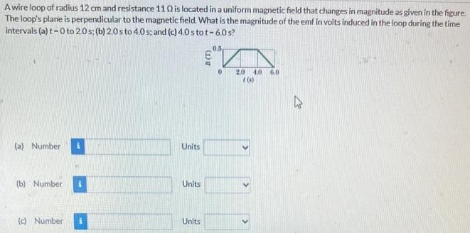 A wire loop of radius 12 cm and resistance 11 Ω is located in a uniform magnetic field that changes in magnitude as given in the figure. The loop's plane is perpendicular to the magnetic field. What is the magnitude of the emf in volts induced in the loop during the time intervals (a) t−0 to 2.0 s; (b) 2.0 s to 4.0 s; and (c) 4.0 s tot -6.0 s? (a) Number Units (b) Number Units (c) Number Units