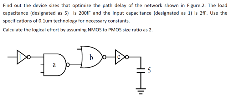 Find out the device sizes that optimize the path delay of the network shown in Figure. 2. The load capacitance (designated as 5) is 200 fF and the input capacitance (designated as 1) is 2 fF. Use the specifications of 0.1 um technology for necessary constants. Calculate the logical effort by assuming NMOS to PMOS size ratio as 2.